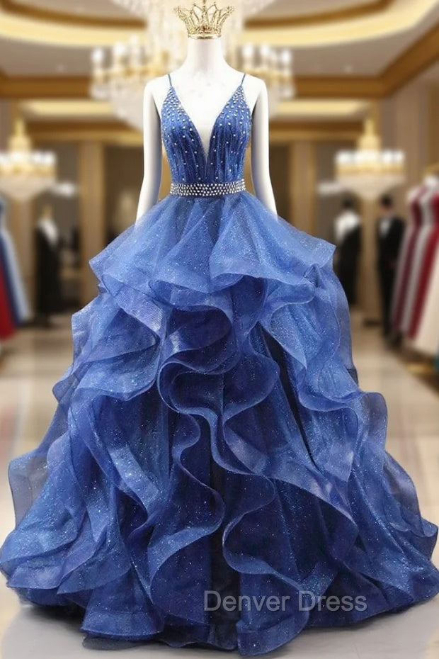 Blue Tulle Spaghetti Straps Beaded Prom Dresses Main image