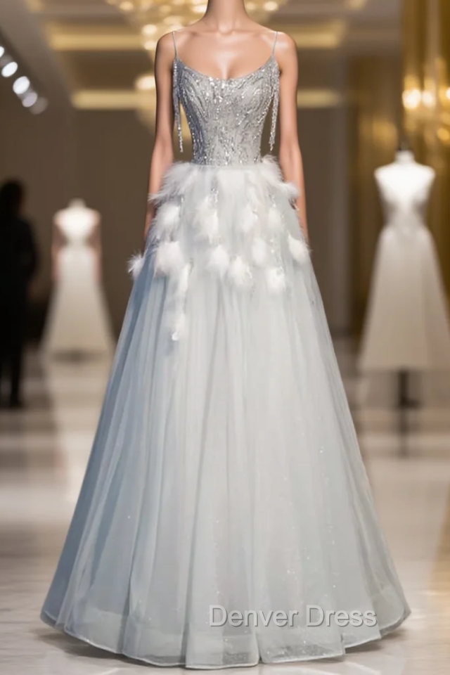 Blue Tulle Spaghetti Straps Beading Feather Prom Dresses