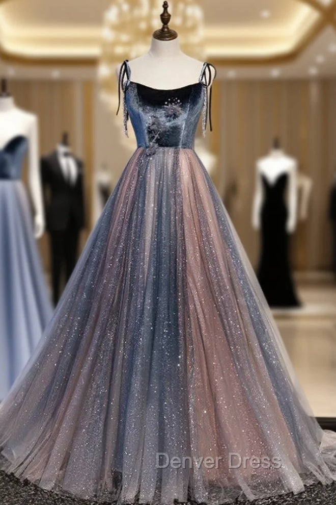 Blue Tulle Spaghetti Straps Beading Prom Dresses Main image