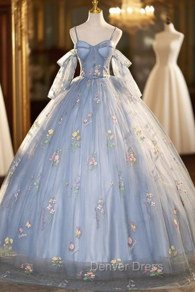 Blue Tulle Spaghetti Straps Embroidery Quinceanera Dresses