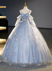 Blue Tulle Spaghetti Straps Embroidery Quinceanera Dress