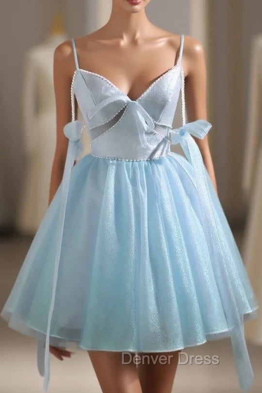 Blue Tulle Spaghetti Straps Pearls Homecoming Dresses