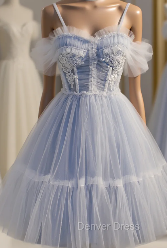 Blue Tulle Spaghetti Straps Pleats Homecoming Dresses Main image