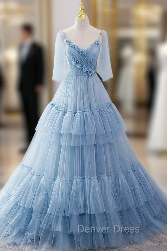 Blue Tulle Spaghetti Straps Pleats Prom Dresses Main image