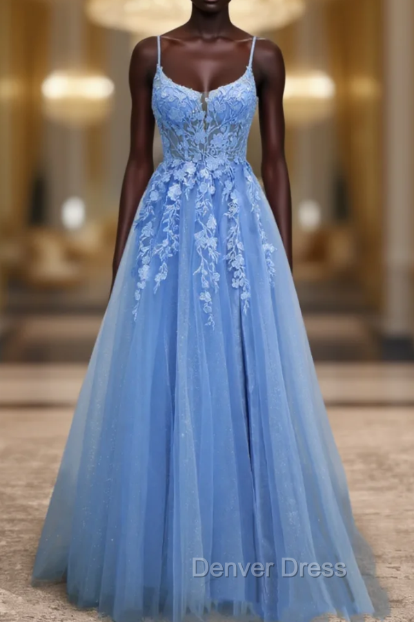 Blue Tulle Spaghetti Straps Prom Dresses