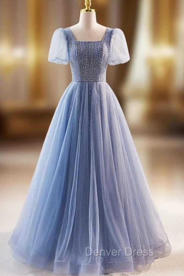 Blue Tulle Square Neck Puff Sleeve Prom Dresses