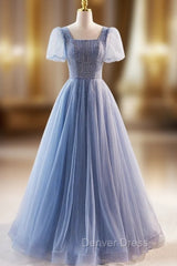 Blue Tulle Square Neck Puff Sleeve Prom Dresses