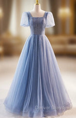 Blue Tulle Square Neck Short Sleeve Beading Prom Dresses
