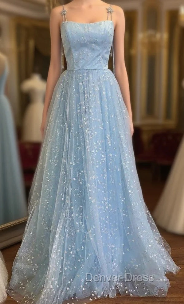 Blue Tulle Star Sequins Spaghetti Straps Prom Dresses