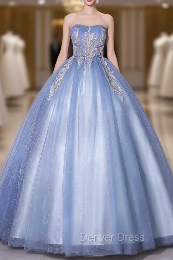 Blue Tulle Strapless Appliques Quinceanera Dresses