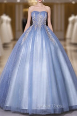 Blue Tulle Strapless Appliques Quinceanera Dresses
