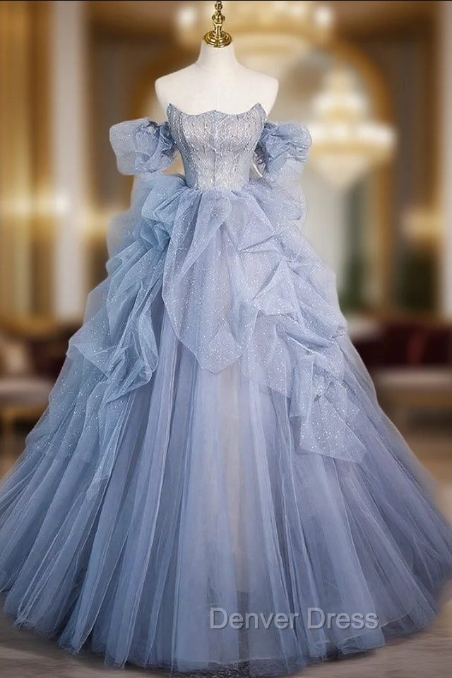 Blue Tulle Strapless Beading Prom Dresses