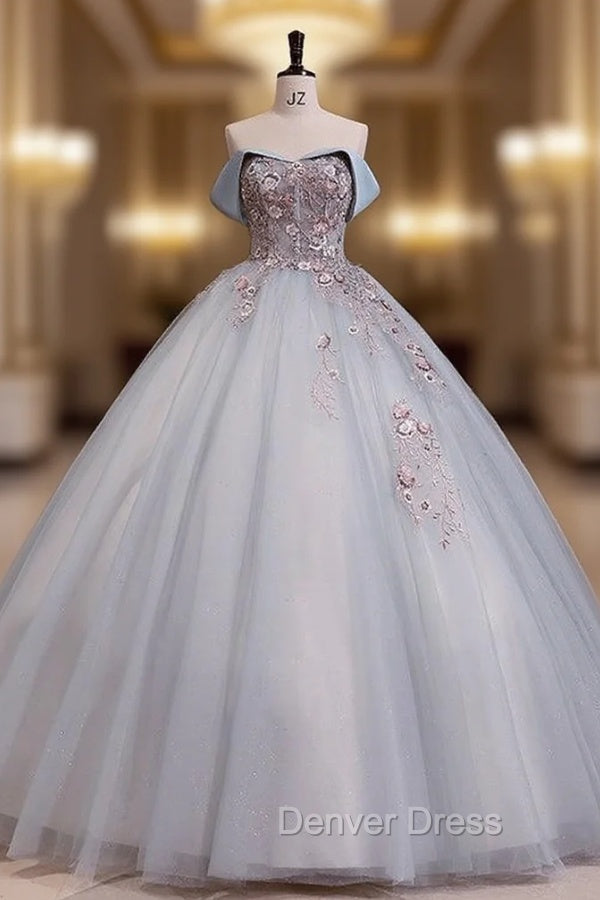 Blue Tulle Strapless Embroidery Flower Quinceanera Dresses