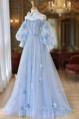 Blue Tulle Strapless Long Sleeve Flower Prom Dresses