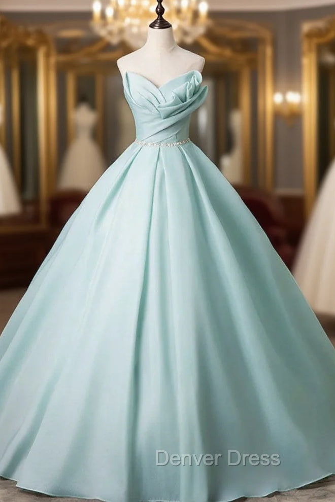 Blue Tulle Strapless Pleats Beading Prom Dresses