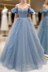 Blue Tulle Strapless Prom Dresses With Detachable Sleeve
