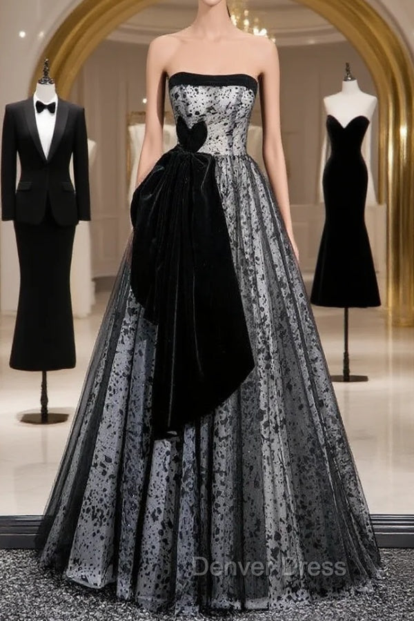 Blue Tulle Strapless Velvet Prom Dresses