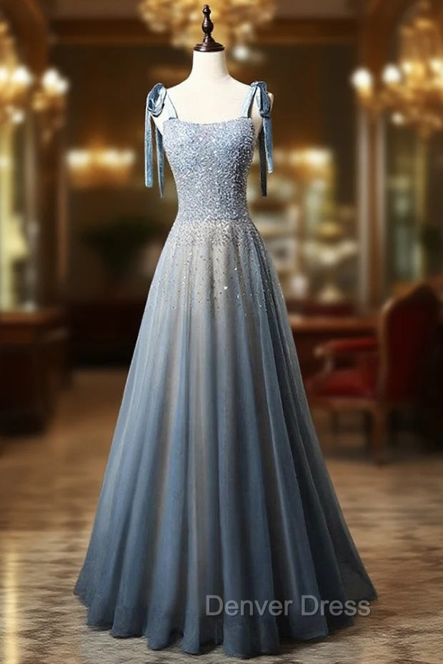 Blue Tulle Straps Beading Prom Dresses