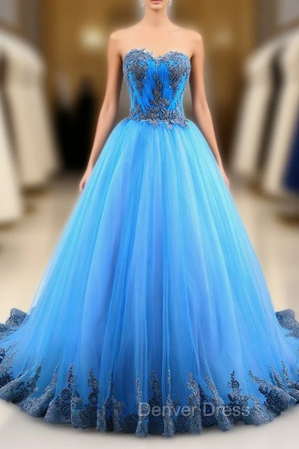 Blue Tulle Sweetheart Backless Appliques Wedding Dresses