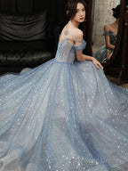 Blue Tulle Sweetheart Beaded Long Prom Dress, A Line Tulle Prom Dresses