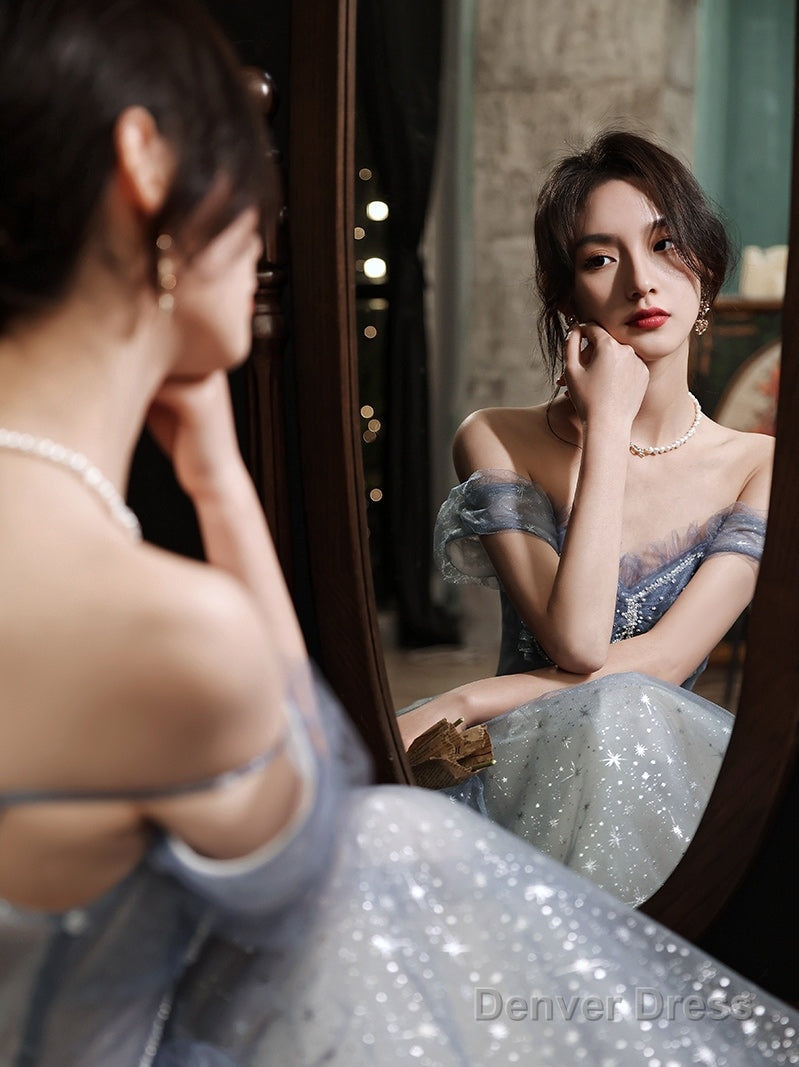 Blue Tulle Sweetheart Beaded Long Prom Dress, A Line Tulle Prom Dresses