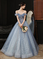 Blue Tulle Sweetheart Beaded Long Prom Dress, A Line Tulle Prom Dresses