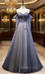Blue Tulle Sweetheart Pleats Appliques Prom Dresses