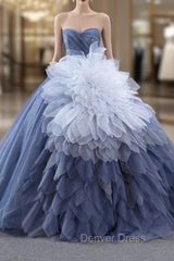 Blue Tulle Sweetheart Prom Dresses With Detachable Tulle
