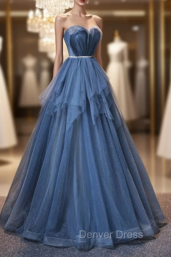 Blue Tulle Sweetheart Simple Pretty Floor Length Party Dresses, Blue A-line Evening Dresses Prom Dresses Secondary image