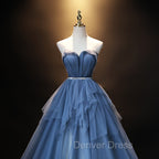 Blue Tulle Sweetheart Simple Pretty Floor Length Prom Dress, Blue A Line Prom Dress