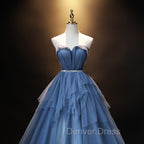 Blue Tulle Sweetheart Simple Pretty Floor Length Party Dresses, Blue A-line Evening Dresses Prom Dresses