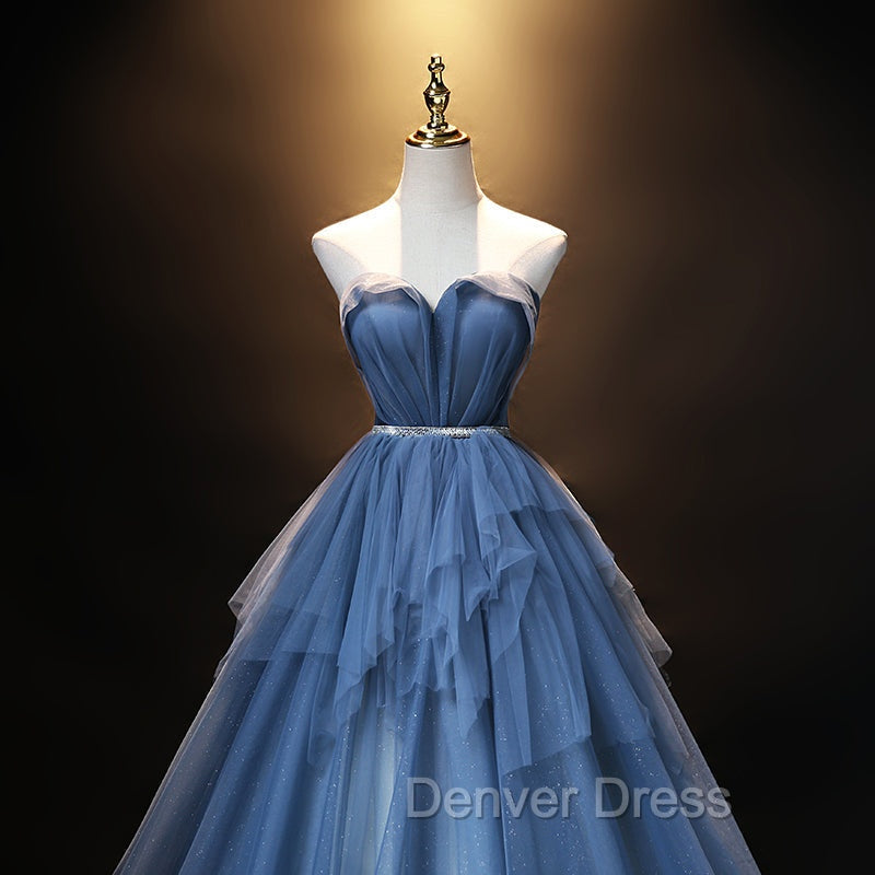 Blue Tulle Sweetheart Simple Pretty Floor Length Party Dresses, Blue A-line Evening Dresses Prom Dresses