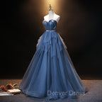 Blue Tulle Sweetheart Simple Pretty Floor Length Party Dresses, Blue A-line Evening Dresses Prom Dresses
