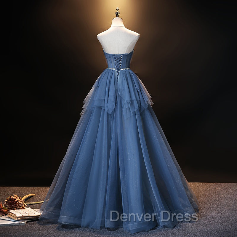 Blue Tulle Sweetheart Simple Pretty Floor Length Party Dresses, Blue A-line Evening Dresses Prom Dresses