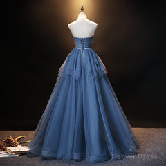 Blue Tulle Sweetheart Simple Pretty Floor Length Party Dress, Blue A-line Evening Dress Prom Dress