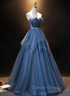 Blue Tulle Sweetheart Simple Pretty Floor Length Party Dresses, Blue A-line Evening Dresses Prom Dresses