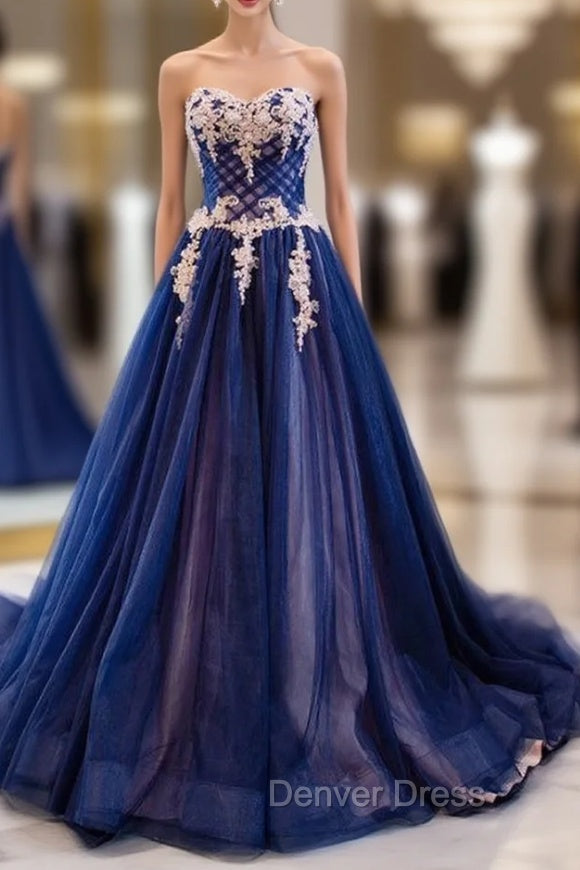 Blue Tulle Sweetheart White Appliques Prom Dresses With Train