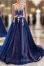 Blue Tulle Sweetheart White Appliques Prom Dresses With Train