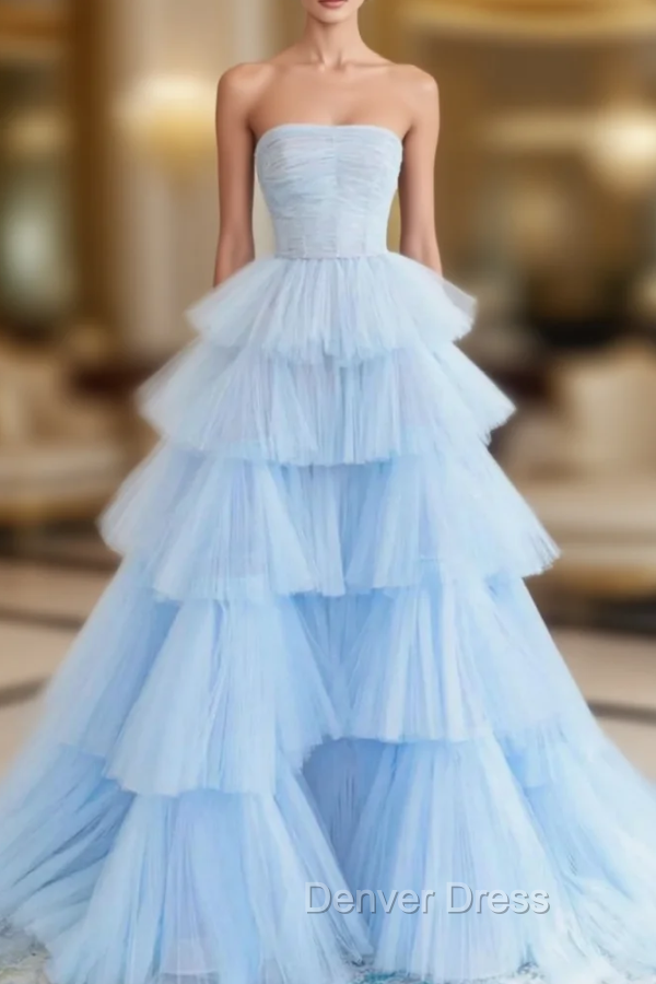 Blue Tulle Tiers Strapless Pleats Prom Dresses Main image