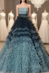 Blue Tulle Tiers Strapless Pleats Quinceanera Dresses