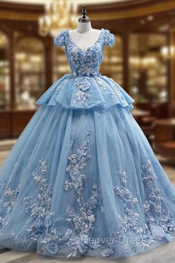 Blue Tulle V Neck Appliques Cap Sleeve Prom Dresses