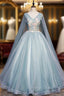 Blue Tulle V Neck Appliques Pleats Quinceanera Dresses