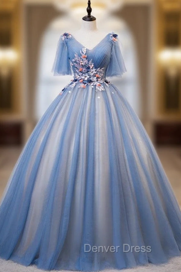 Blue Tulle V Neck Appliques Pleats Short Sleeve Quinceanera Dresses