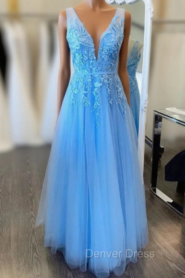 Blue Tulle V Neck Backless Appliques Prom Dresses