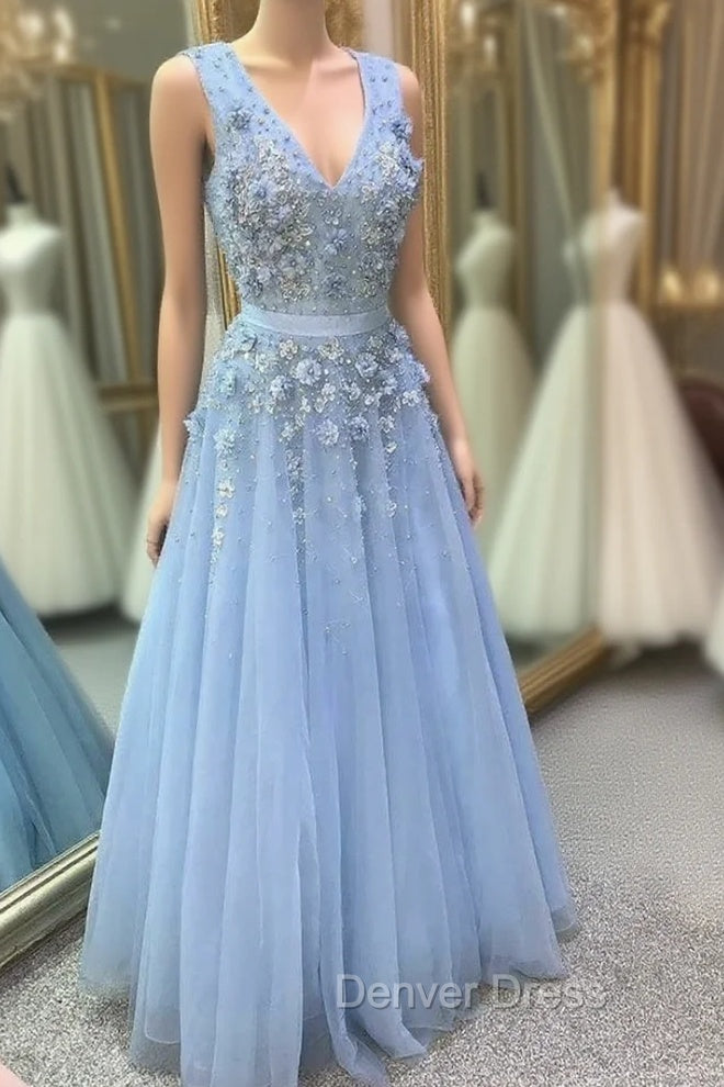 Blue Tulle V Neck Flower Beading Prom Dresses