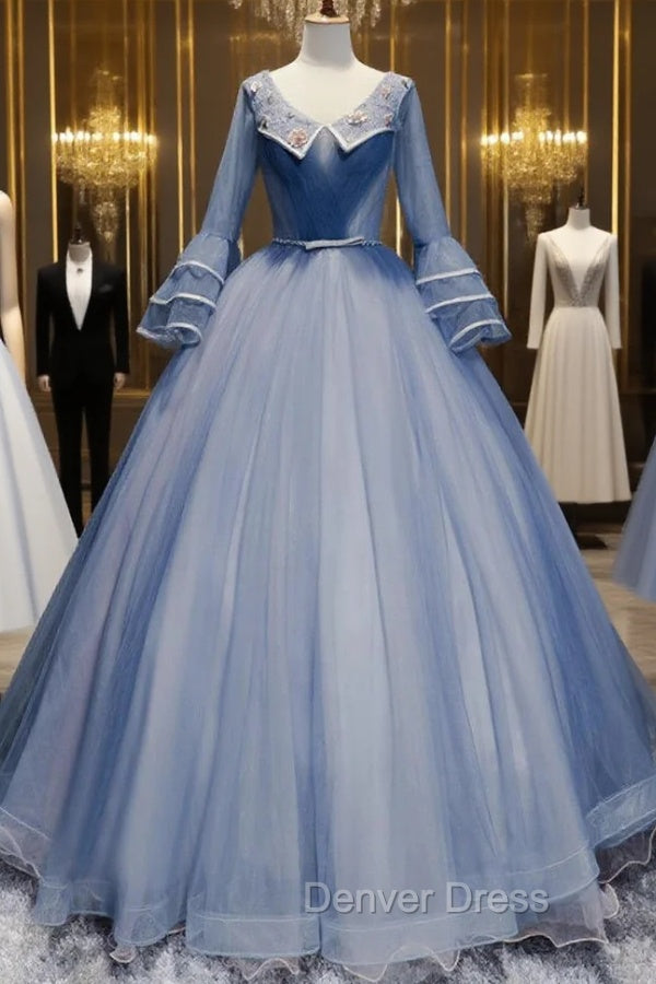 Blue Tulle V Neck Long Sleeve Pleats Quinceanera Dresses