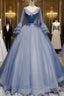 Blue Tulle V Neck Long Sleeve Pleats Quinceanera Dresses