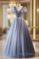Blue Tulle V-neck Puff Sleeve Beading Prom Dresses