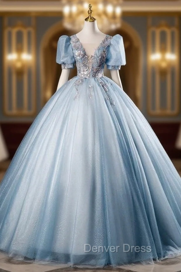 Blue Tulle V Neck Puff Sleeve Quinceanera Dresses