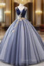 Blue Tulle V Neck Sequins Appliques Quinceanera Dresses